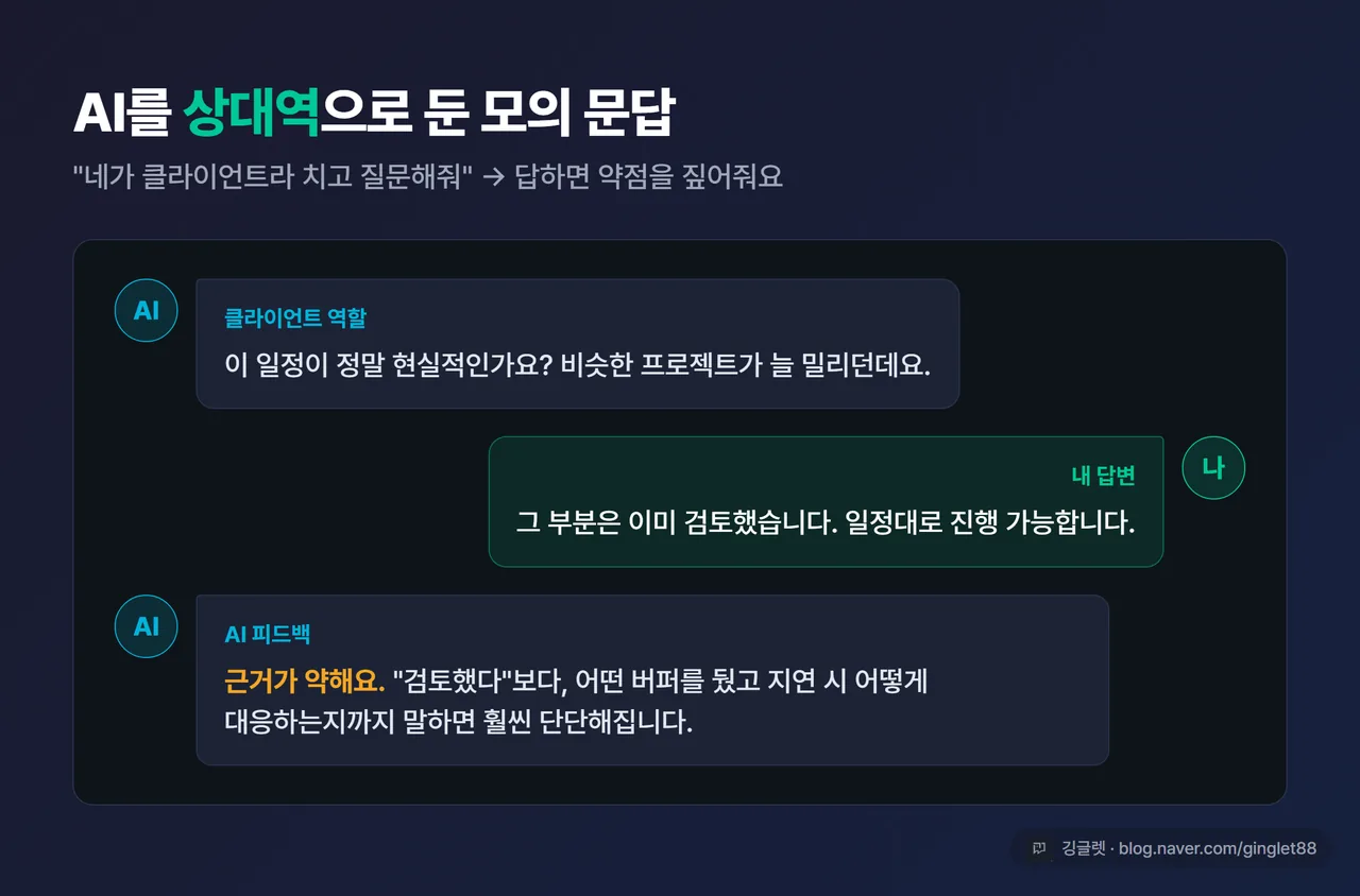 화면 예시 - AI와의 모의 문답 대화 화면. AI가 클라이언트 역할로 “이 일정이 현실적인가요?“라고 묻고, 사용자 답변 후 AI 피드백이 이어지는 롤플레이 캡처