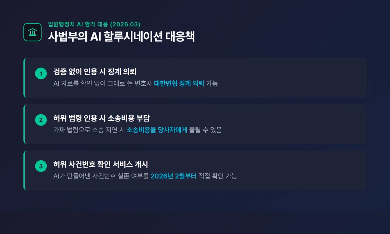 법원 대응 정책 카드 - “법원행정처 AI 환각 대응(2026.03)“을 헤드라인으로, ①검증 없이 인용 시 대한변협 징계 의뢰 ②허위 법령으로 소송 끌면 소송비용 부담 ③허위 사건번호 확인 서비스(2026.02) 세 항목을 체크 아이콘으로 정리, 상단에 법원 로고풍 아이콘