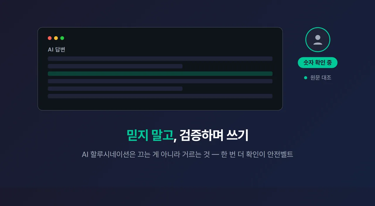 마무리 컨셉 이미지 - 책상 위 노트북 화면에 AI 답변이 떠 있고, 그 옆에서 사람이 빨간 펜으로 숫자에 체크하는 장면, 하단에 “믿지 말고 검증하며 쓰기” 문구