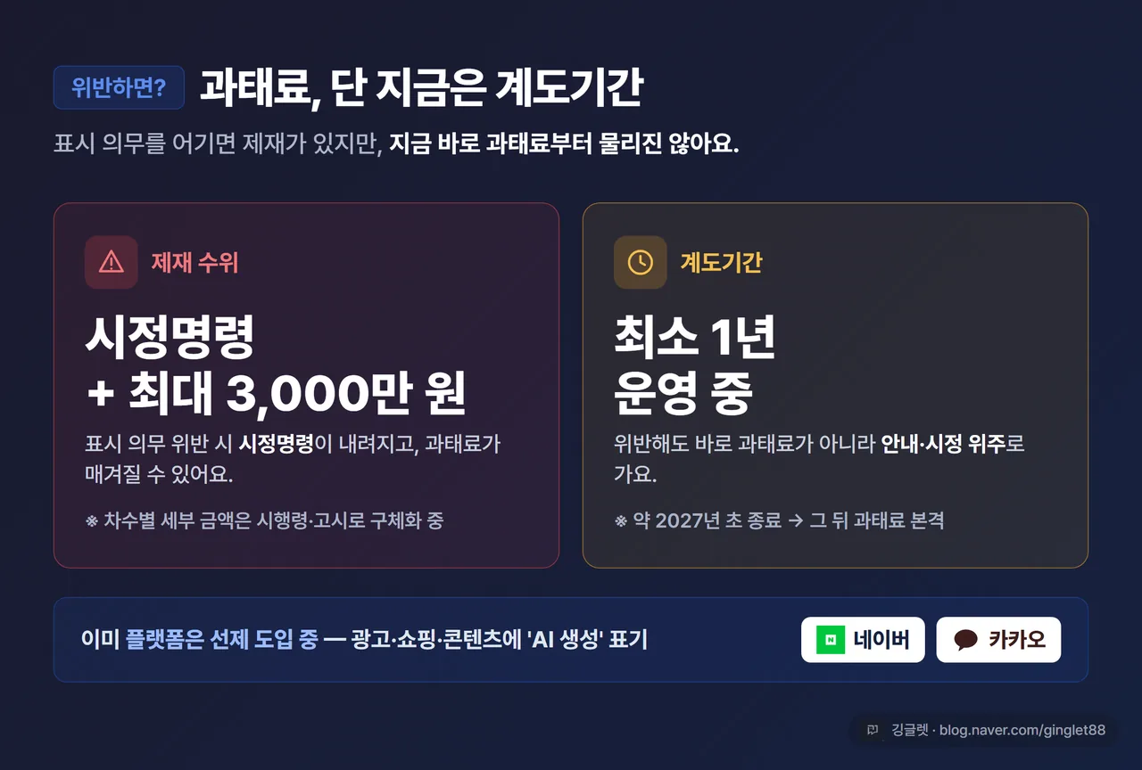 과태료·계도기간 요약 카드 - “시정명령 + 최대 3,000만 원 과태료 / 단, 최소 1년 계도기간(약 2027년 초까지) 운영 중”. 차수별 금액은 표기 안 함