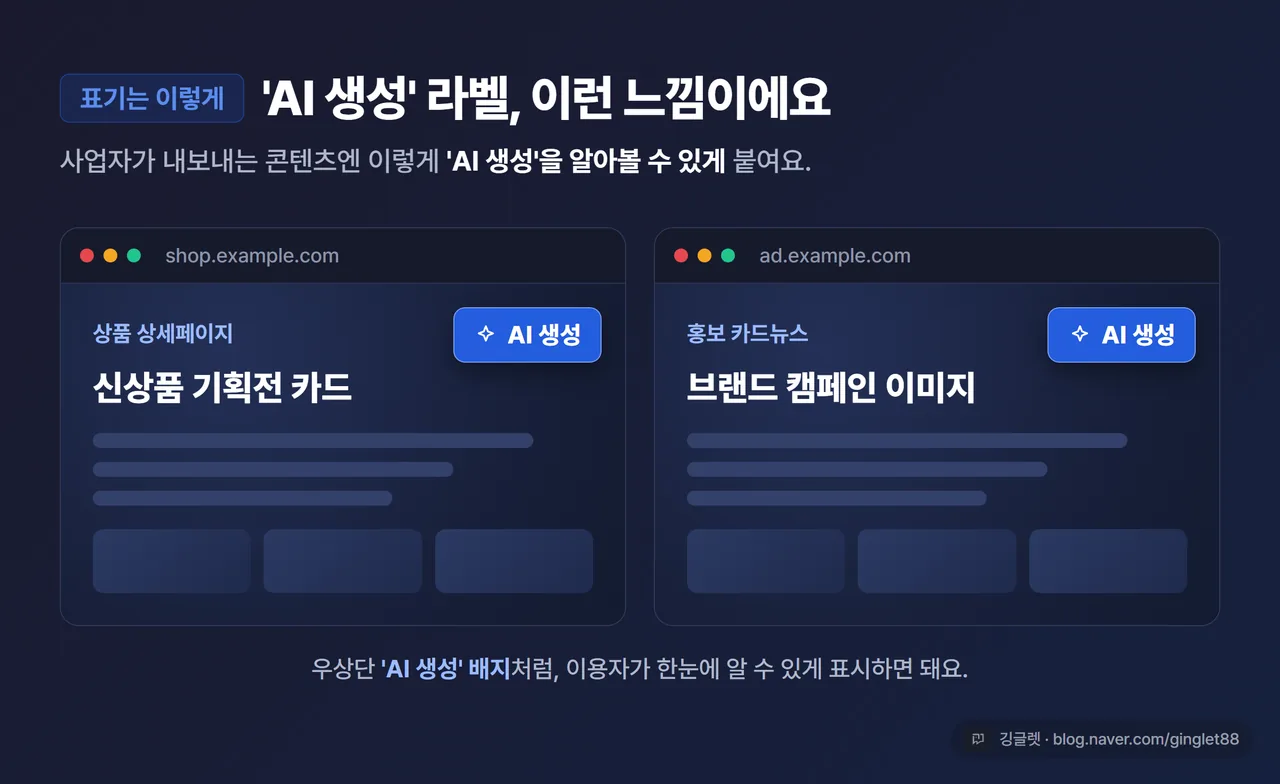 AI 생성 표기 사례 무드 컷 - 콘텐츠·광고에 붙은 ‘AI 생성’ 라벨 느낌의 깔끔한 이미지, 하단 캡션 자리
