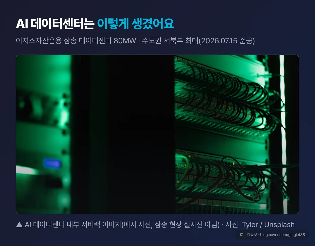 하이퍼스케일 데이터센터 조감도(삼송 80MW 급 대형 시설, 서버랙 예시 사진)