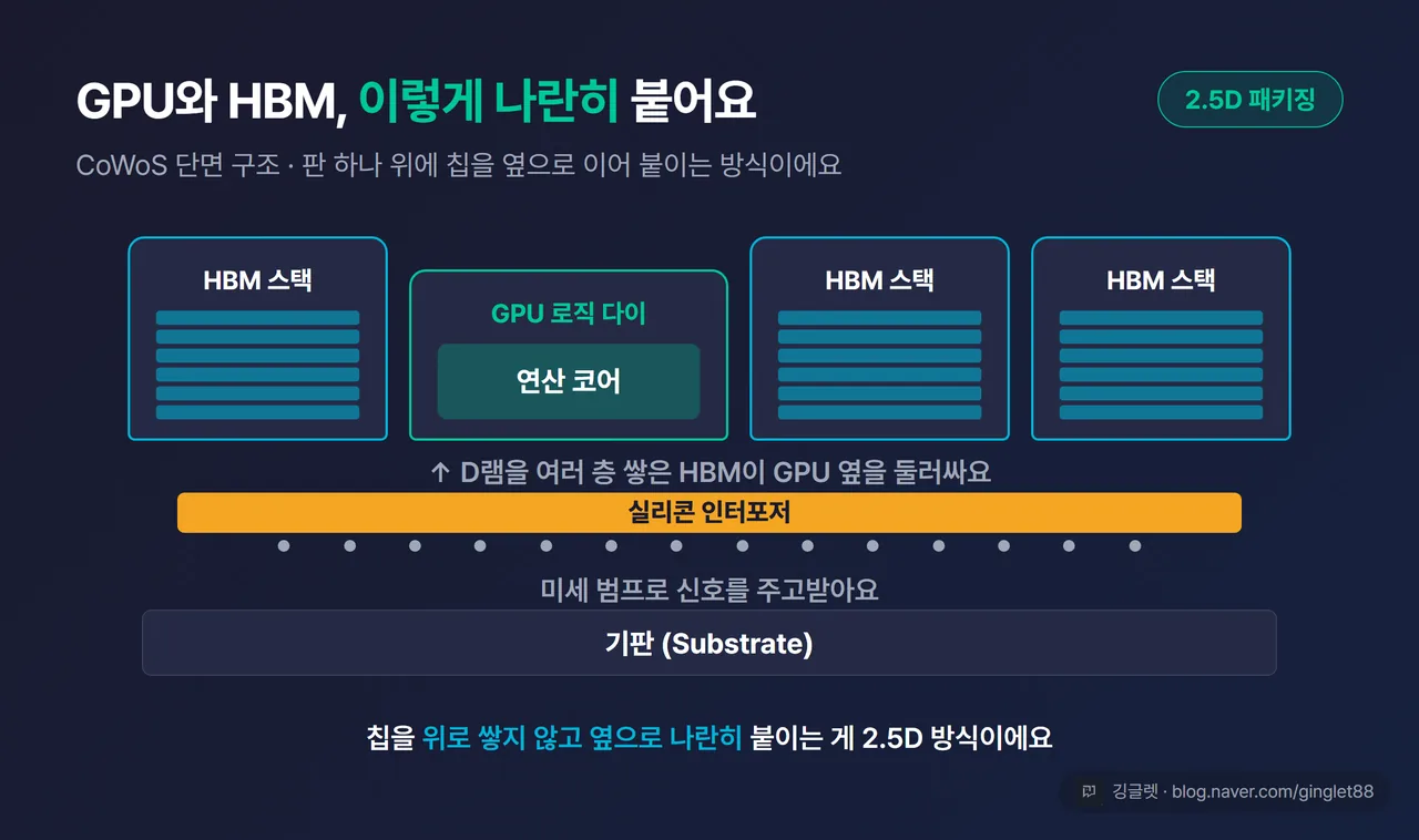 CoWoS 단면 개념도 - 실리콘 인터포저(얇은 판) 위에 GPU 로직 다이 1개 + HBM 스택 여러 개가 나란히 얹히고, 판 아래로 기판(Substrate) 연결. ‘칩을 옆으로 나란히 붙이는 2.5D 방식’ 라벨