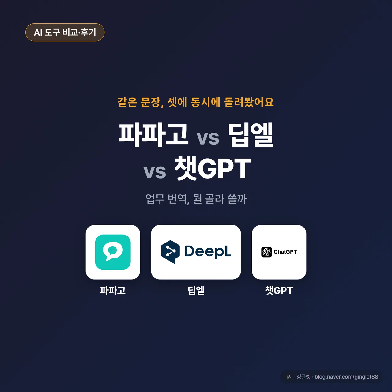 썸네일 - 네이비 배경에 “파파고 vs 딥엘 vs 챗GPT” 3분할, 가운데 “같은 문장 돌려봤어요” 텍스트, 우하단 깅글렛 워터마크