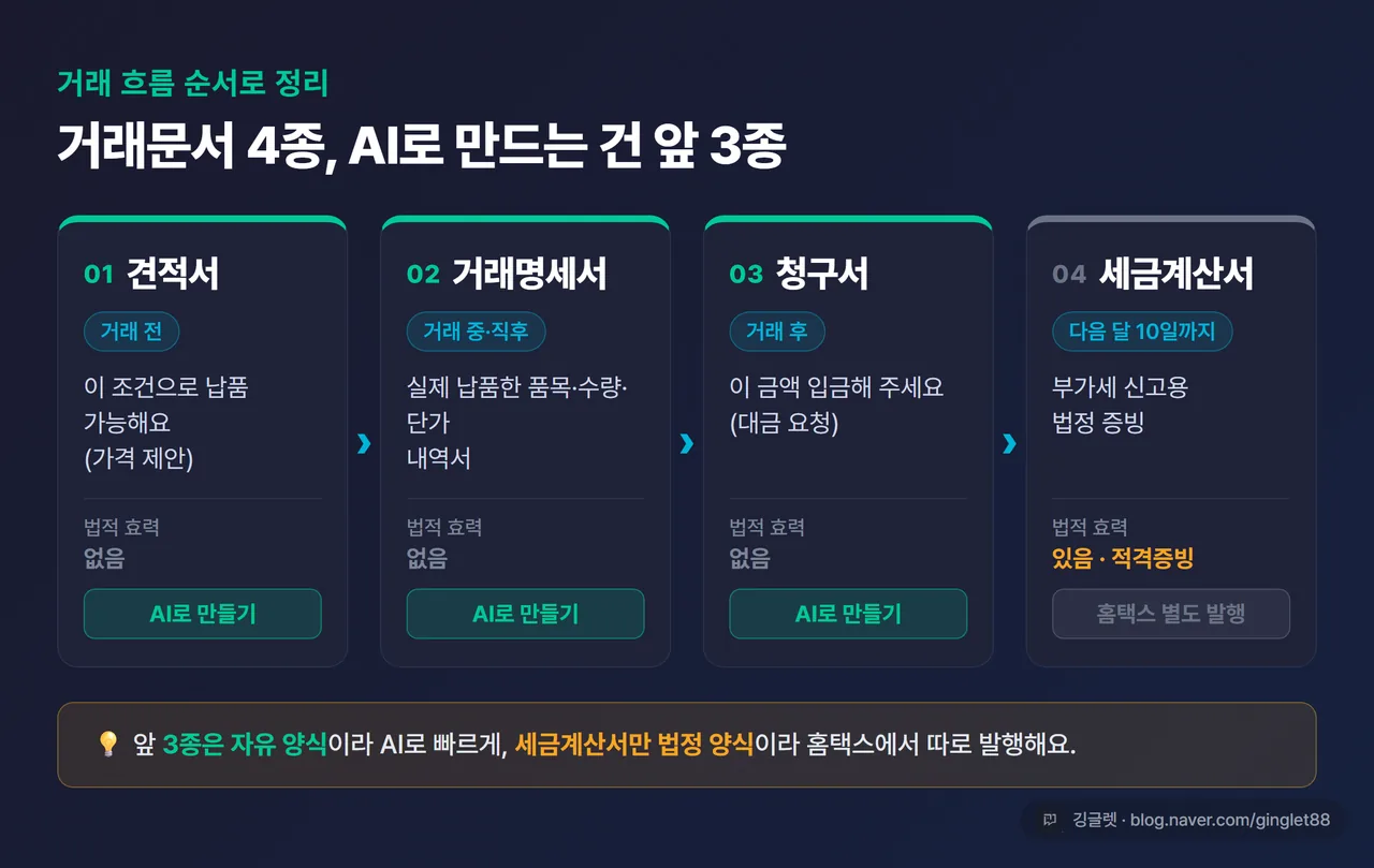 인포그래픽 - 거래문서 4종 흐름표 (견적서→거래명세서→청구서→세금계산서), 각 문서의 발행 시점과 법적 효력(견적서·거래명세서·청구서 “없음” / 세금계산서 “있음·적격증빙”) 비교, 앞 3종을 그린 박스로 “AI로 만들기”·세금계산서를 회색 박스로 “홈택스 별도”로 구분