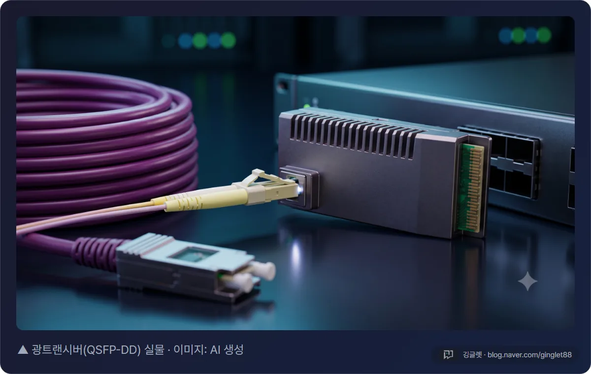 광트랜시버(QSFP-DD) 실물 — 금속 모듈에 광섬유가 꽂히고 스위치 슬롯에 삽입되는 모습 (AI 생성)