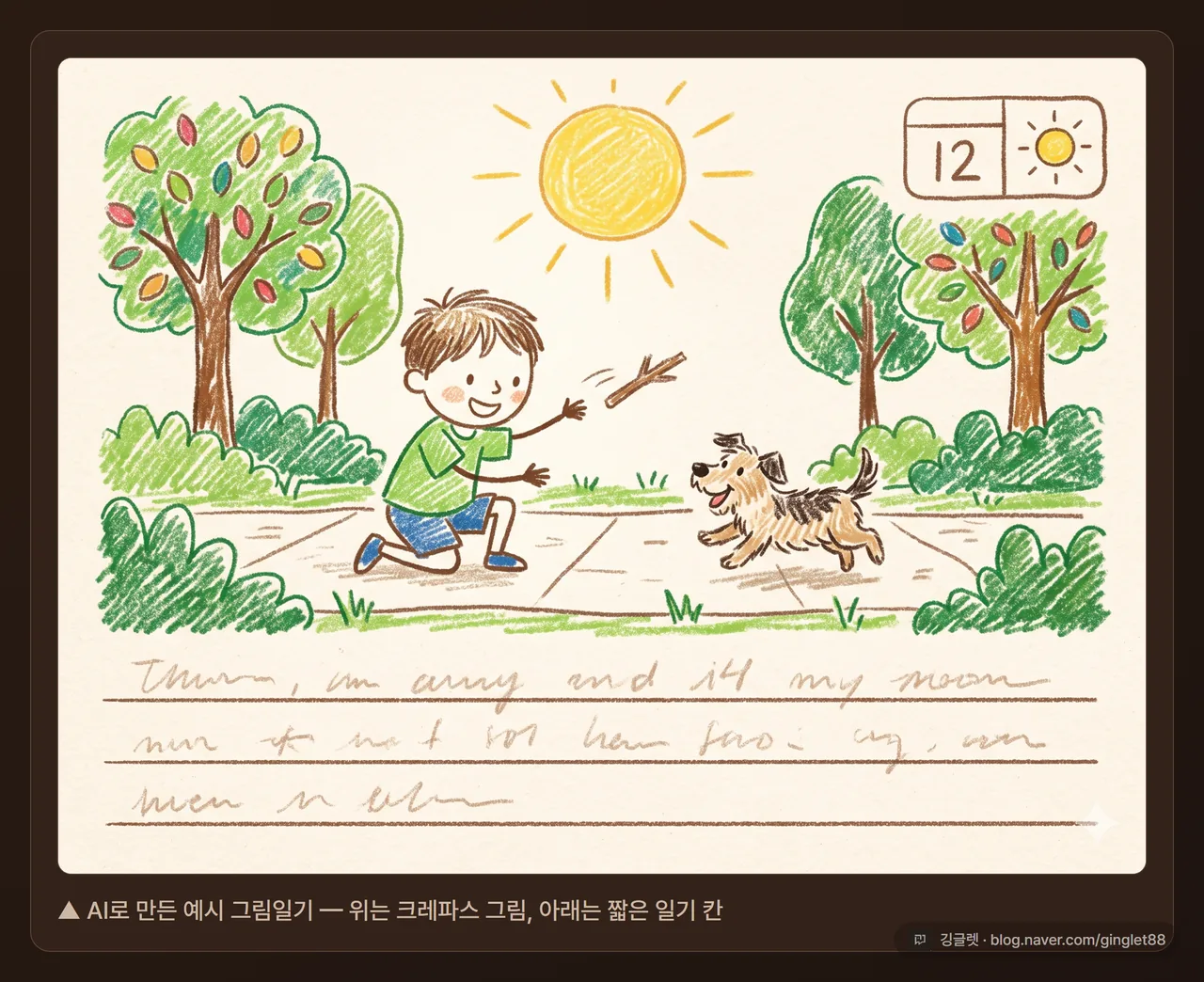 사진 한 장이 그림+짧은 일기 글로 변환된 완성 예시 컷, 위는 크레파스 그림 아래는 초등학생 말투 일기 3줄, 날짜·날씨 칸 포함