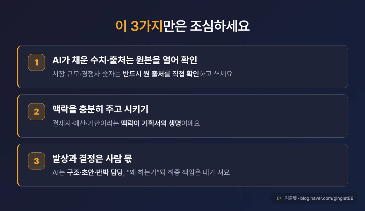 인포그래픽 - AI 기획서 흔한 실수 3가지 경고 카드(① AI가 채운 수치 그대로 제출 ② 맥락 없이 한 줄로 시키기 ③ 발상·결정까지 떠넘기기)