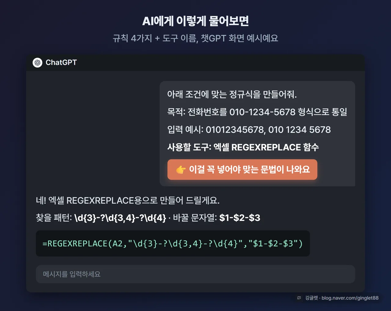 챗GPT 채팅 화면 UI 목업 — 위 4요소 프롬프트를 입력하고, 답변으로 ’패턴’과 ‘바꿀 문자열’, 엑셀 수식 예시가 나온 화면. ④ 사용할 도구 줄에 코랄 콜아웃 “이걸 꼭 넣어야 맞는 문법이 나와요”