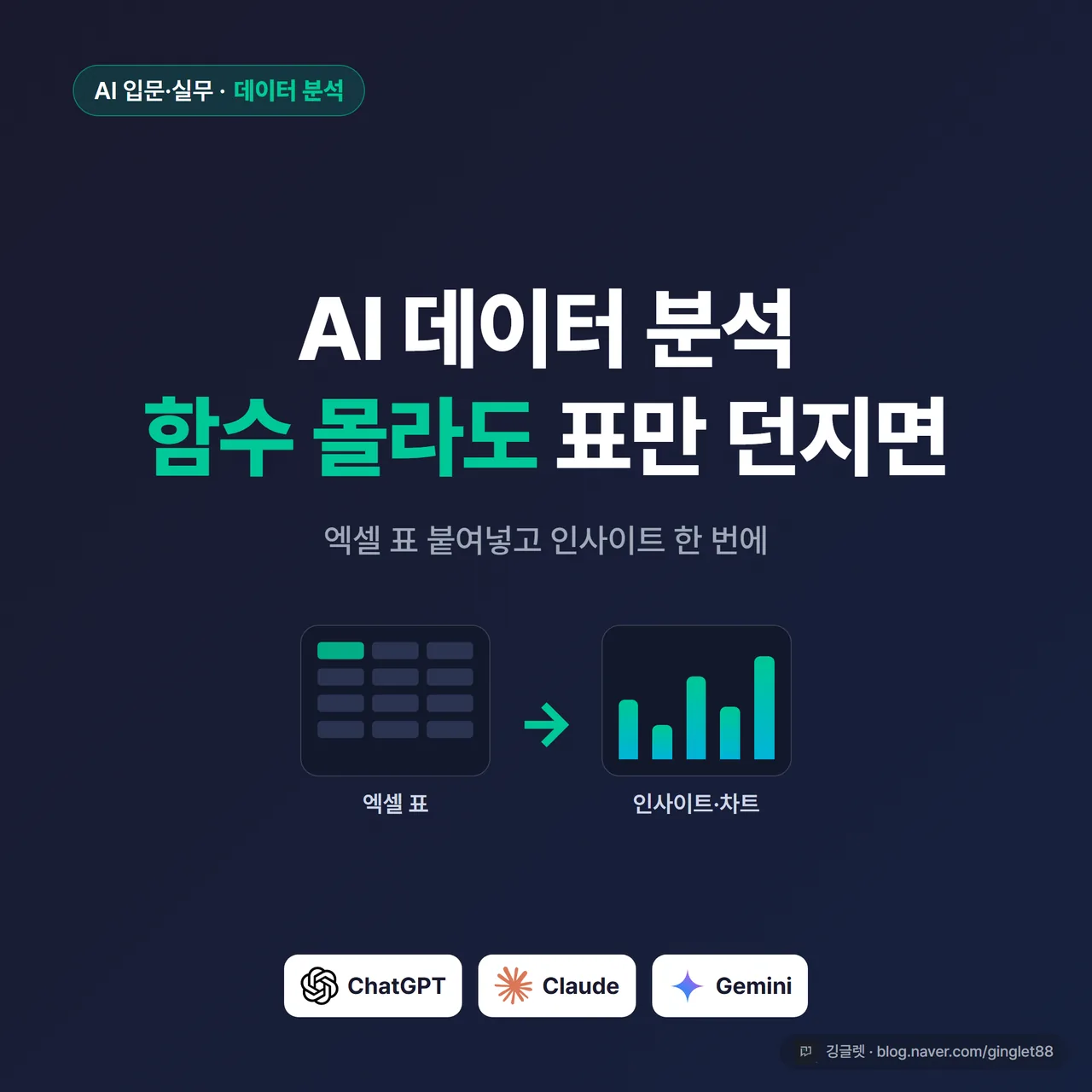 썸네일 - 네이비 배경에 “AI 데이터 분석 / 함수 몰라도 엑셀 표만 던지면” 큰 흰 글씨, 우측에 작은 엑셀 표 아이콘과 그린 화살표가 차트로 이어지는 도식, 깅글렛 워터마크