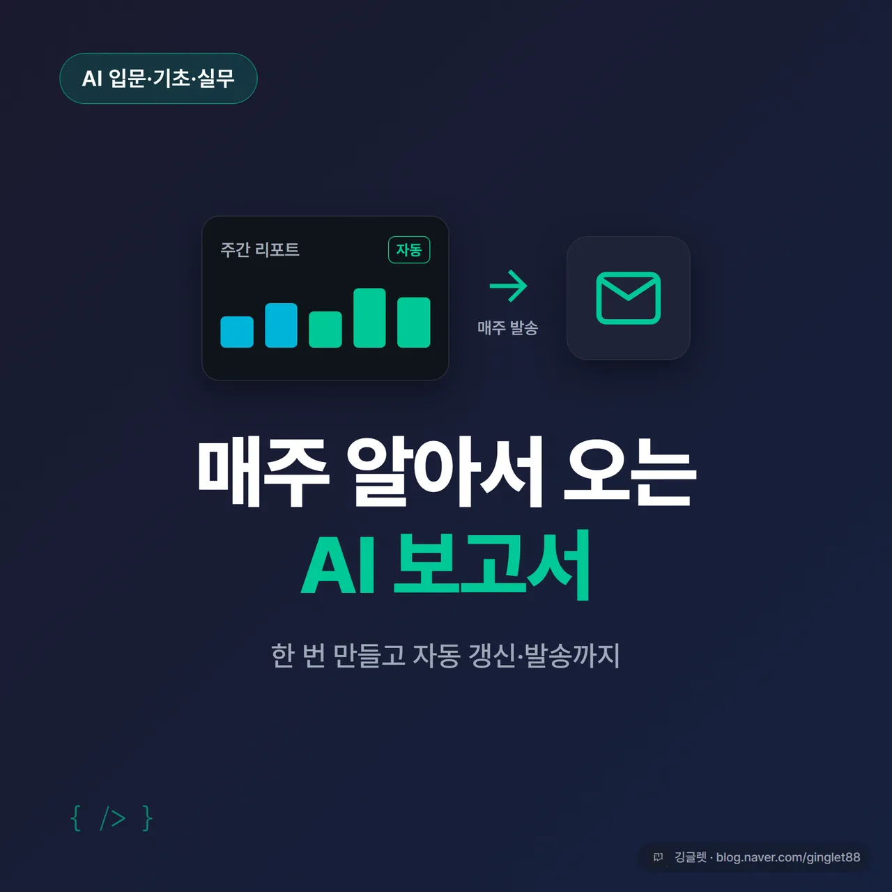 썸네일 - 네이비 배경에 “매주 알아서 오는 AI 보고서” 큰 글씨, 자동 갱신되는 대시보드와 메일 발송 아이콘, 우하단 깅글렛 로고