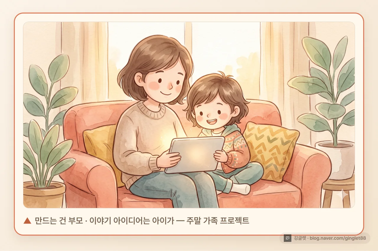 부모와 아이가 태블릿을 함께 보며 동화책을 만드는 따뜻한 장면 일러스트 - 만드는 건 부모 · 아이디어는 아이