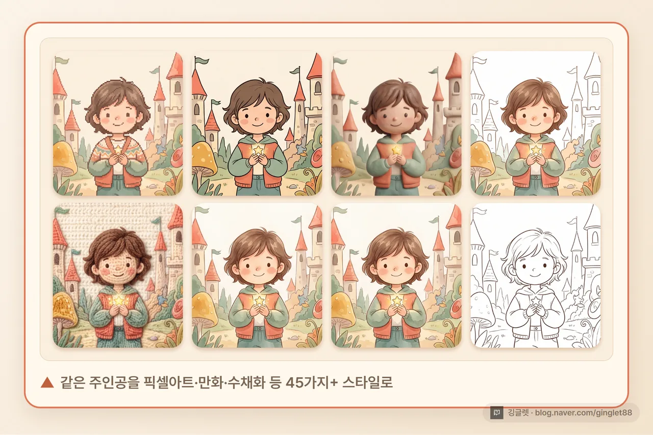 아트 스타일 예시 - 같은 캐릭터를 픽셀아트·만화·클레이메이션·코바늘 뜨개·수채화·색칠공부책 6가지 스타일로 보여주는 카드, 45가지 이상 중 골라요