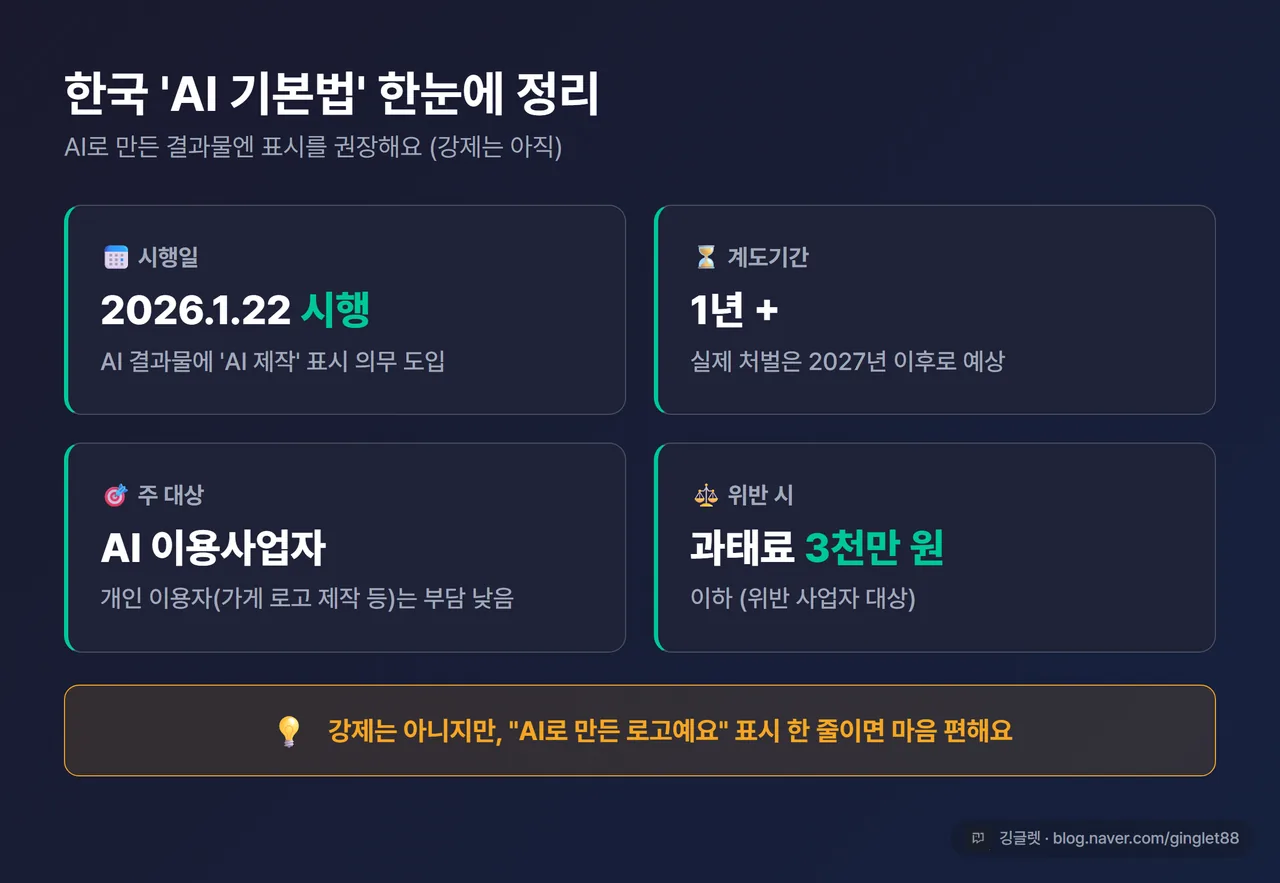 AI 기본법 핵심 카드 - 시행일 2026.1.22 / 계도기간 1년+(처벌 2027~) / 대상 AI이용사업자 / 표시 권장. 다크 카드, 우하단 워터마크