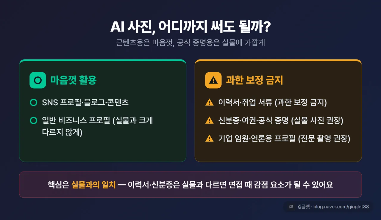 인포그래픽 - AI 프로필 OK/주의 가이드, 왼쪽 그린 컬럼 ‘SNS·콘텐츠용 ⭕’, 오른쪽 옐로/레드 컬럼 ‘이력서·신분증·임원 프로필 ⚠️ 과한 보정 금지’