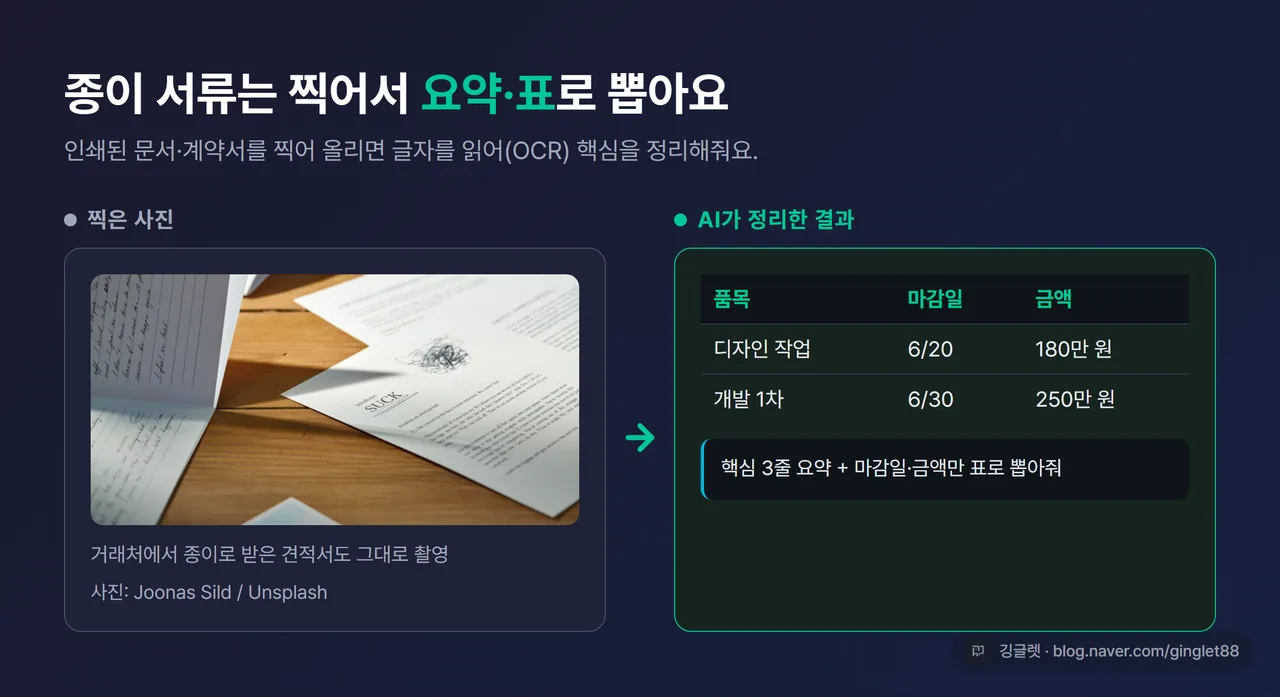 종이 서류를 촬영한 사진과 AI가 표로 정리해준 결과를 나란히 보여주는 화면