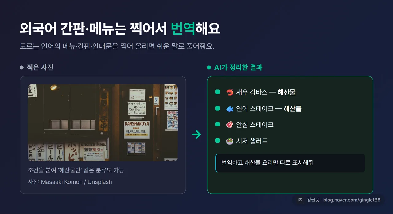 외국어 메뉴판 사진과 AI가 한국어로 번역해준 결과를 보여주는 화면