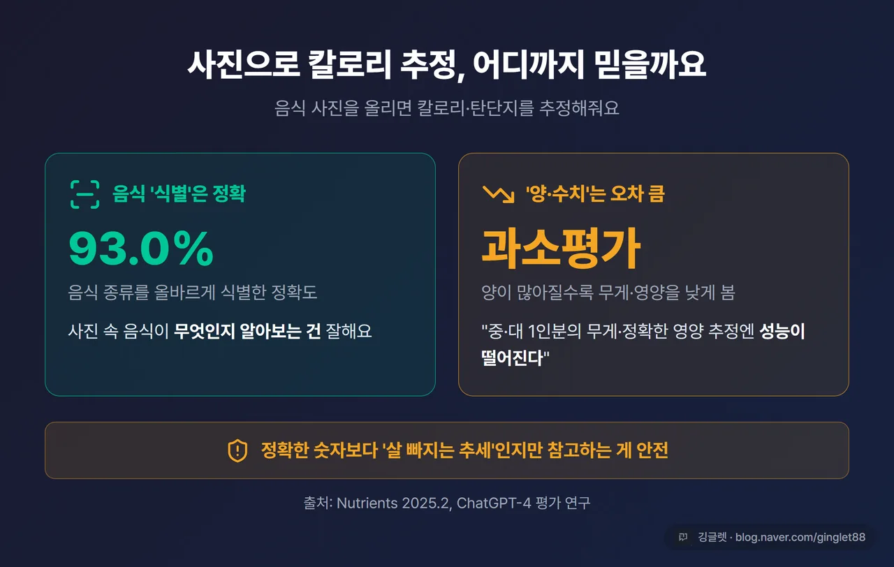 음식 사진을 AI에 올렸을 때 식별은 정확(93.0%)하지만 양·수치는 오차가 크다는 점을 보여주는 인포그래픽, “식별 잘함 / 양·수치 과소평가” 대비