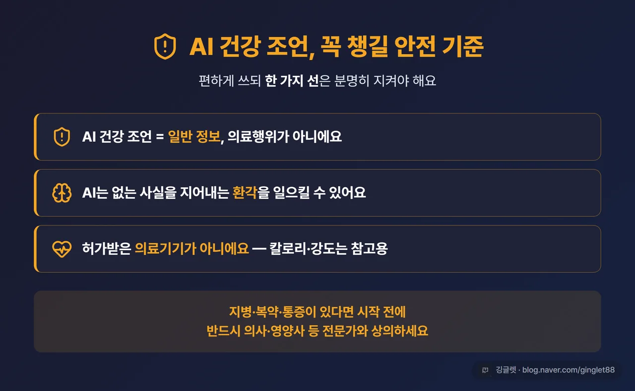 다크톤 안전 안내 카드 - “AI 건강 조언 = 일반 정보, 의료행위 아님 / 지병·복약·통증 시 전문가 상담” 체크 항목, 경고 아이콘