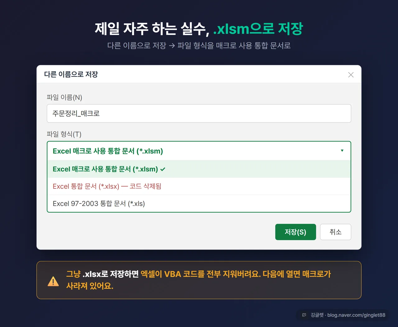 엑셀 ‘다른 이름으로 저장’ 화면 - 파일 형식 드롭다운에서 “Excel 매크로 사용 통합 문서(*.xlsm)” 선택 강조, “.xlsx로 저장하면 코드 삭제” 주의