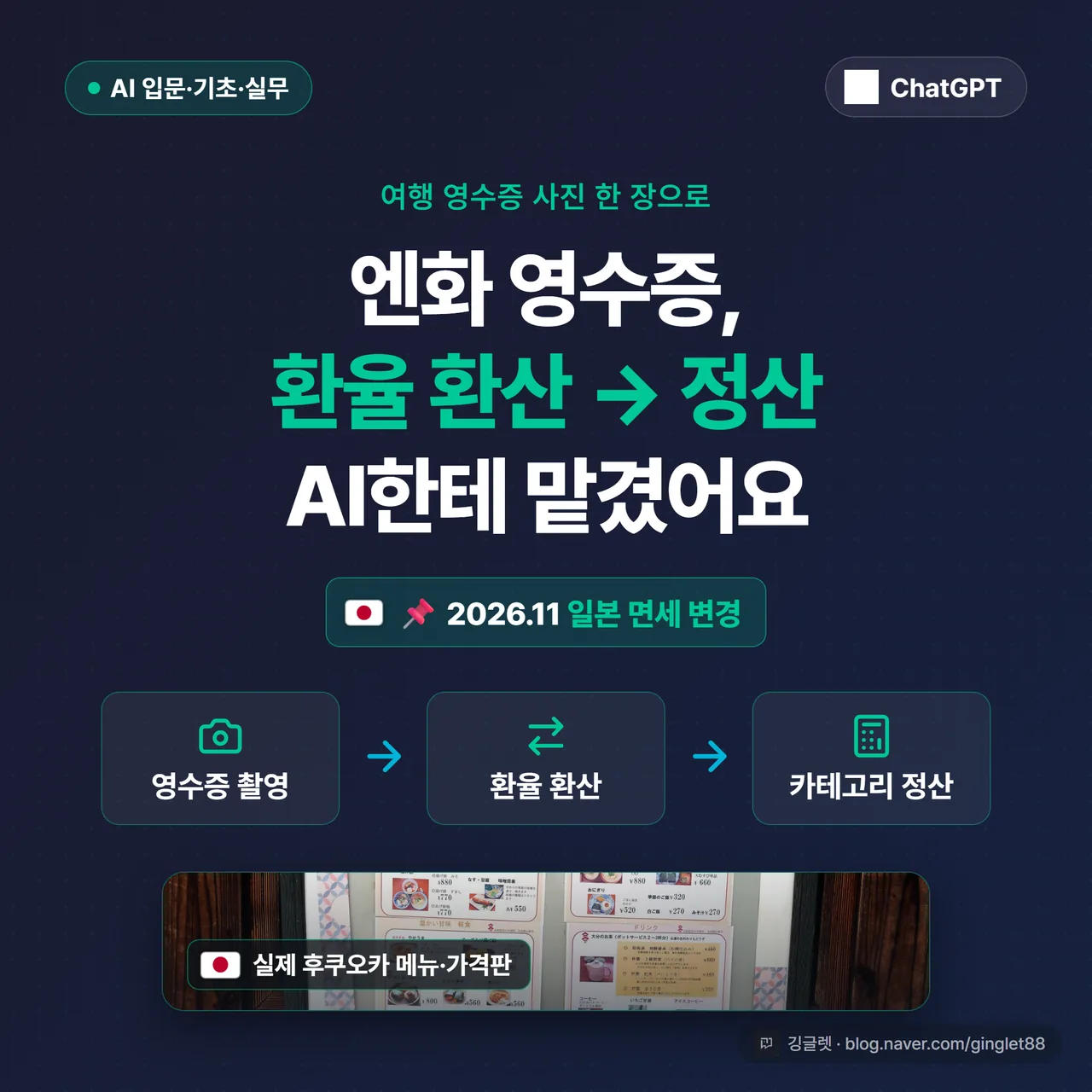 썸네일 - 후쿠오카 식당 영수증(엔화) 실사진 위에 “AI 여행경비 정산” 텍스트와 화살표, 우측에 “11월 일본 면세 변경” 작은 라벨, 네이비 배경에 그린 포인트