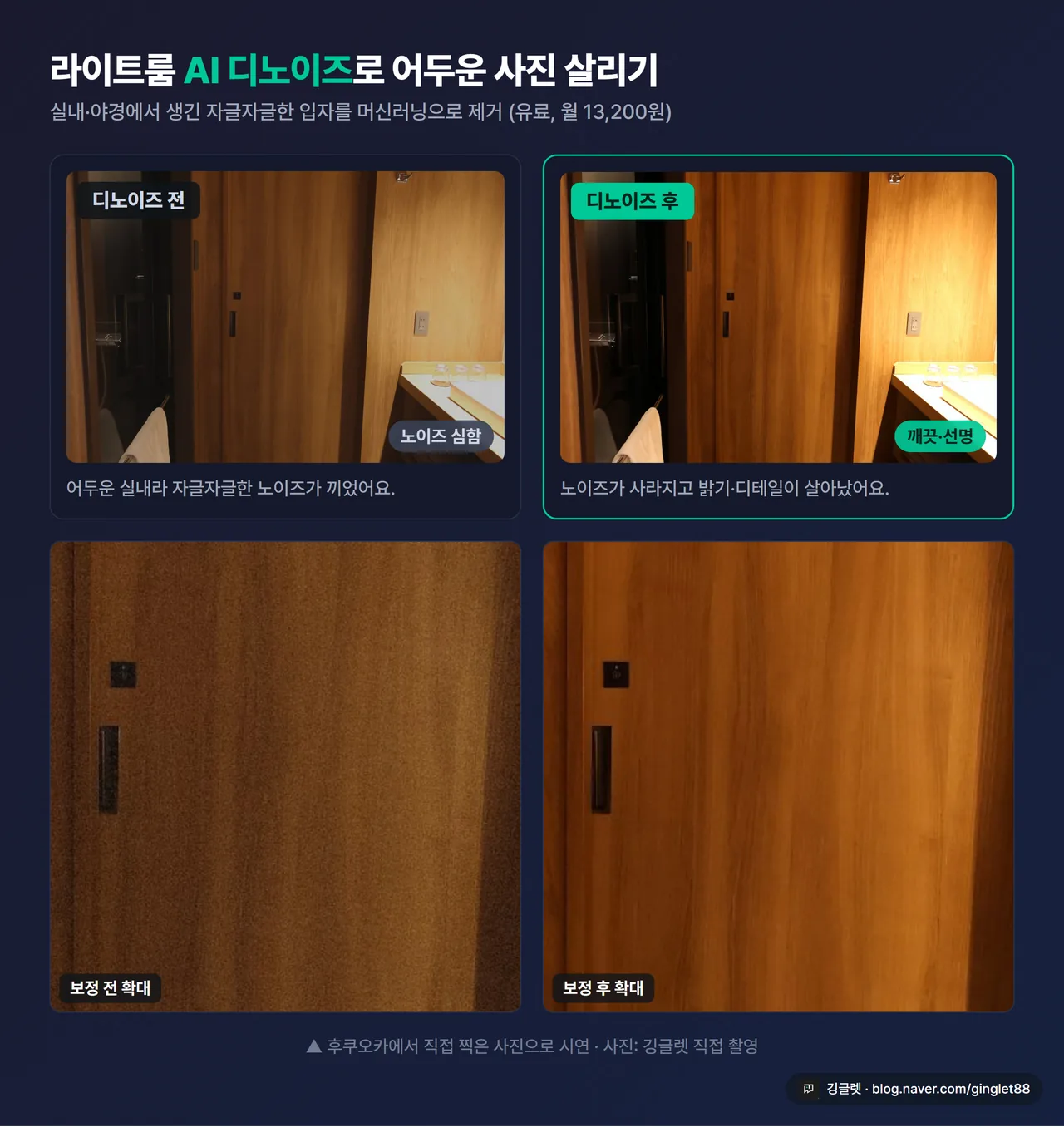 라이트룸 AI 디노이즈 - 어두운 후쿠오카 실내 사진의 자글자글한 노이즈가 사라지는 보정 전/후 비교(확대 영역 포함)