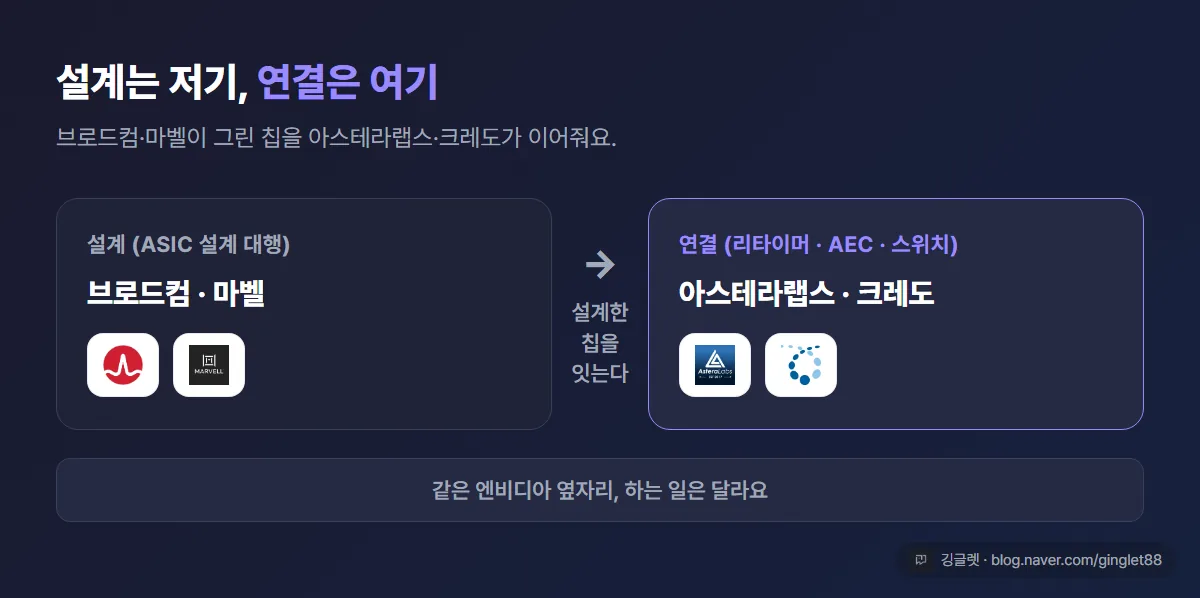 역할=비교 | ‘설계 레이어 vs 연결 레이어’ 2단 구분표 — 왼쪽 설계(ASIC 설계 대행): 브로드컴·마벨 / 오른쪽 연결(리타이머·AEC·스위치): 아스테라랩스·크레도. 가운데 화살표 “설계한 칩을 → 잇는다”. 하단 “같은 엔비디아 옆자리, 하는 일은 다름”