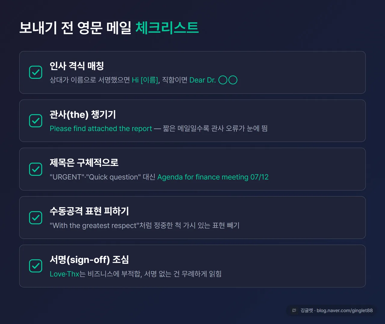 인포그래픽 - “보내기 전 영문 메일 체크리스트” 5칸 세로 리스트. 인사 격식 매칭 / 관사(the) / 제목 구체성 / 수동공격 표현 / sign-off. 각 칸에 체크박스 아이콘