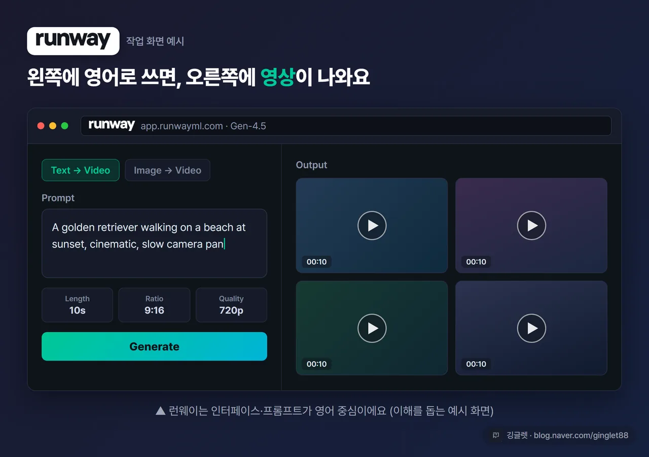 런웨이 작업 화면 예시 - 프롬프트 입력창에 영어 문장이 들어가 있고 우측에 생성된 영상 클립 썸네일이 보이는 모습 (영어 인터페이스)