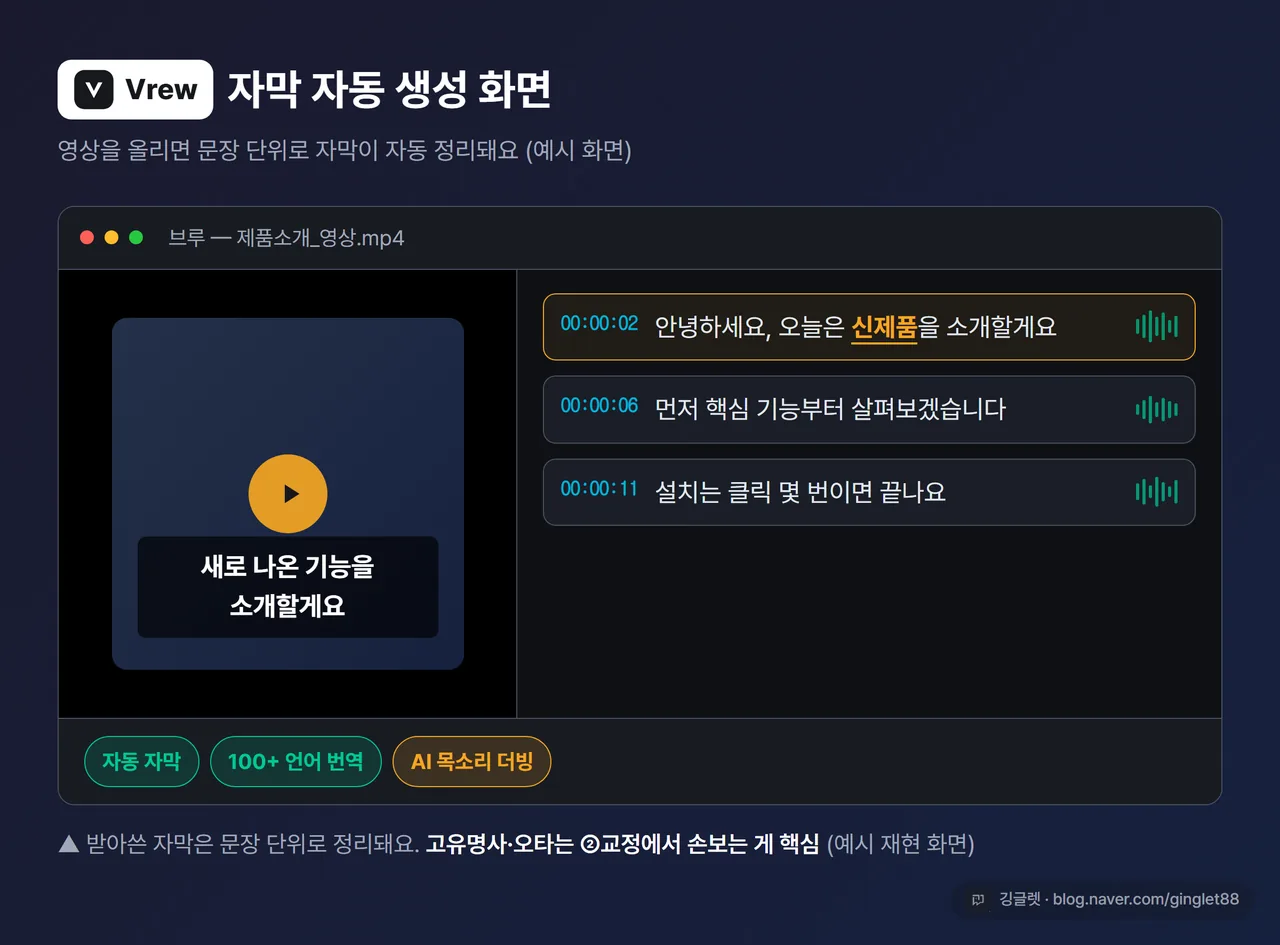 Vrew 자막 자동 생성 화면 캡처 - 영상 타임라인 아래 문장 단위로 자막이 정리된 편집 화면