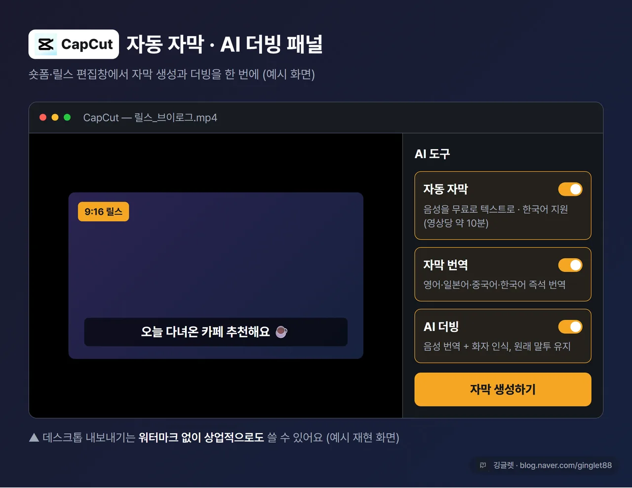 CapCut 자동 자막·AI 더빙 기능 화면 캡처 - 자막 생성과 더빙 옵션이 보이는 편집 패널