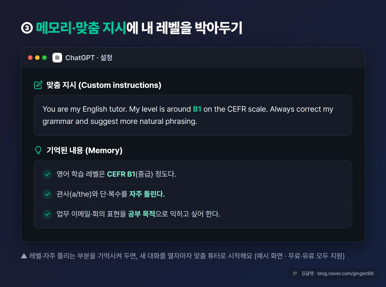 ChatGPT 메모리·맞춤 지시 설정 화면 - 영어 튜터 역할과 CEFR 레벨이 기억된 모습 스크린샷