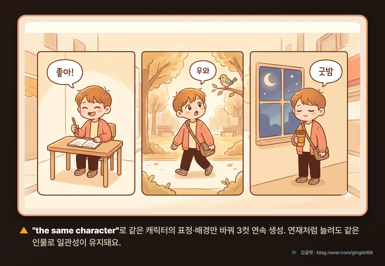 같은 캐릭터를 표정·배경만 바꿔 3컷 연속 생성한 예시 - “the same character” 프롬프트로 일관성 유지된 모습