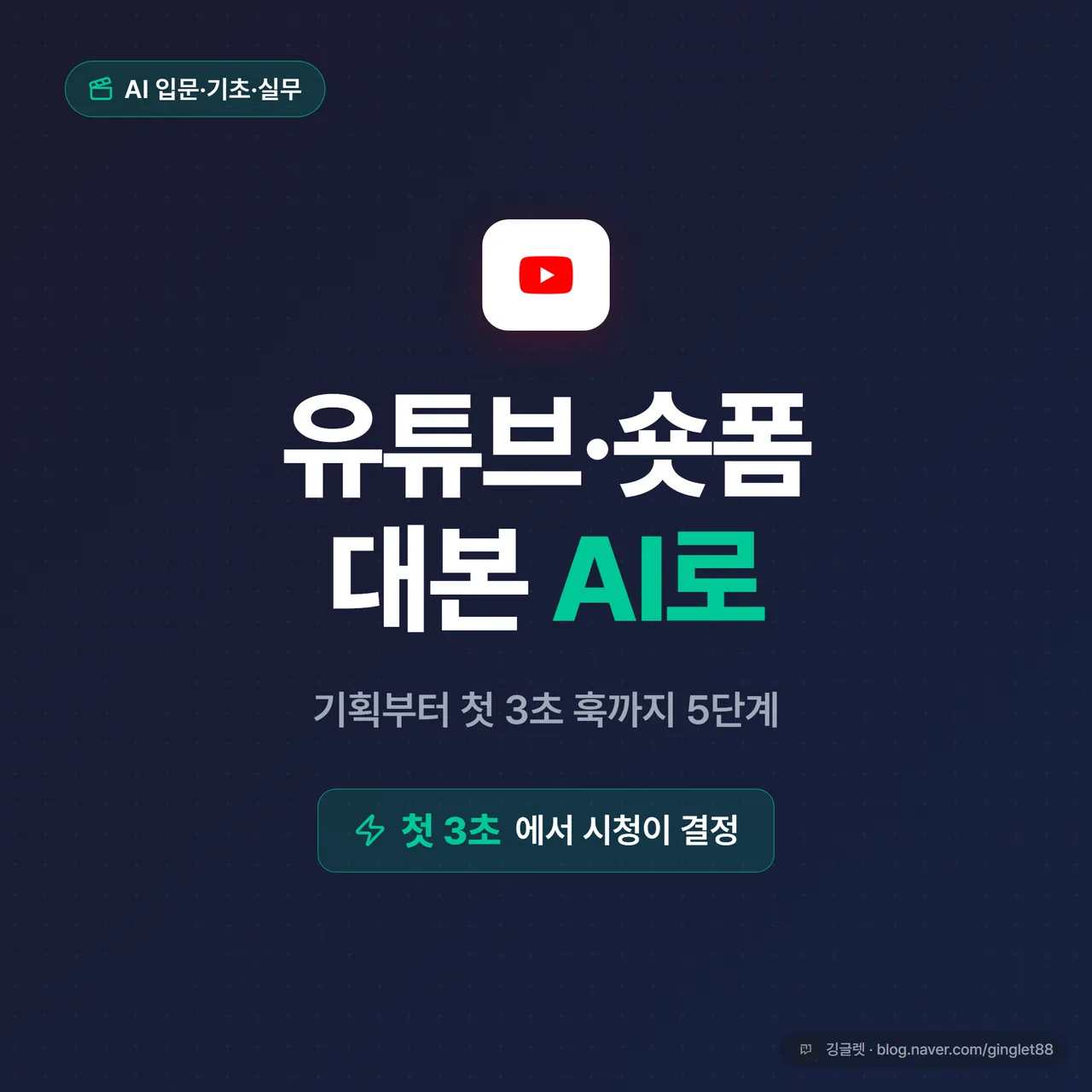 썸네일 - 다크 네이비 배경에 “유튜브·숏폼 대본 AI로” 큰 흰 글씨, 아래 작게 “기획부터 첫 3초 훅까지 5단계”, 우측에 재생 버튼·스크립트 아이콘 일러스트