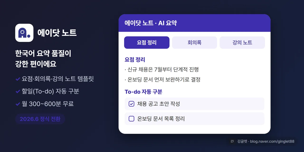 에이닷 노트 AI 요약 화면 목업 - ‘요점 정리 / 회의록 / 강의 노트’ 3가지 템플릿 탭과 To-do 자동 구분 영역, 우하단 워터마크