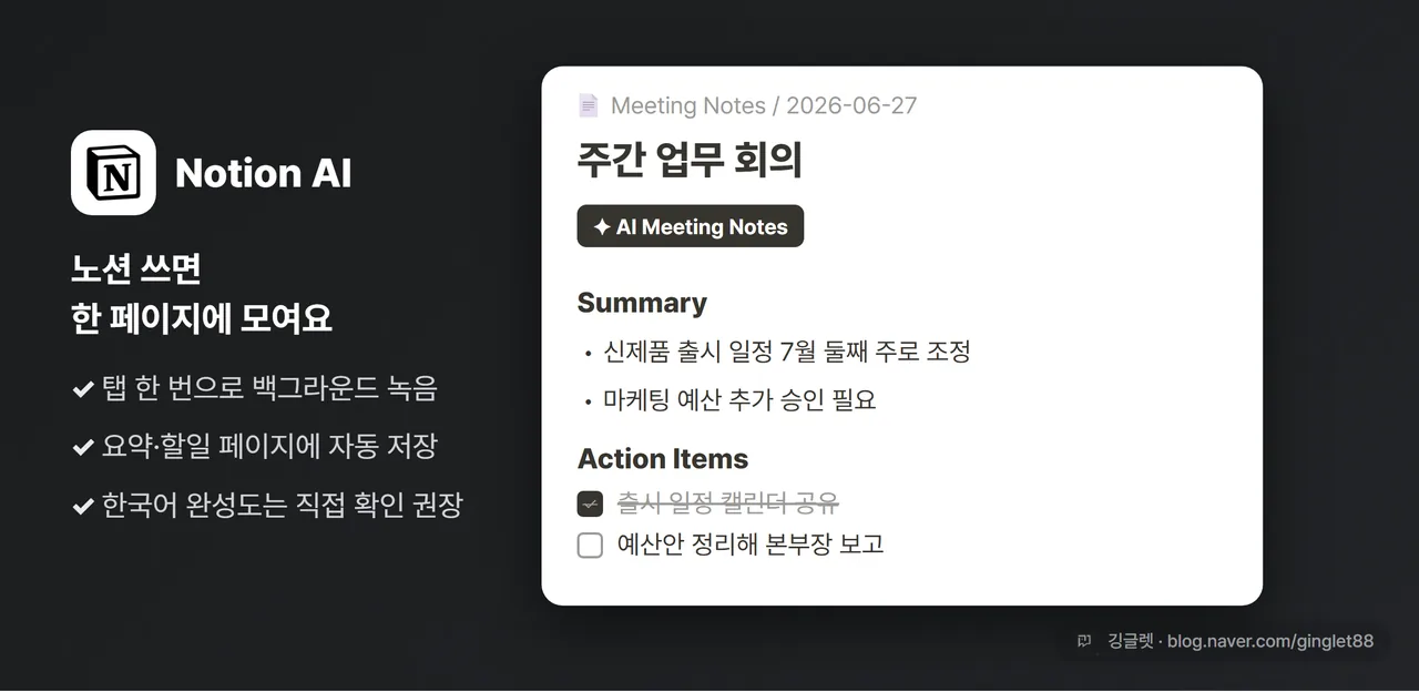 Notion AI Meeting Notes 화면 목업 - 노션 페이지에 ‘Summary / Action Items’ 자동 저장된 모습, 우하단 워터마크