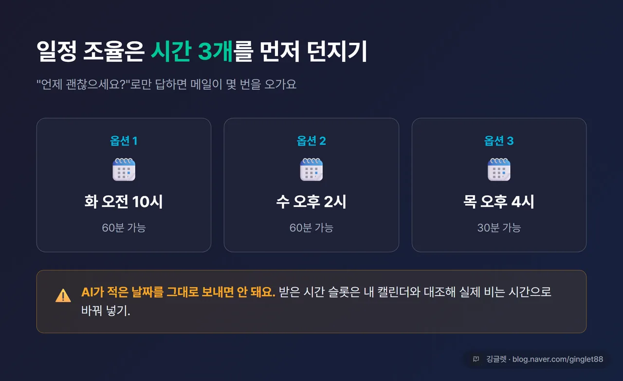 일정 조율 답장 - 가능한 시간 슬롯 3개를 먼저 제시하는 방법