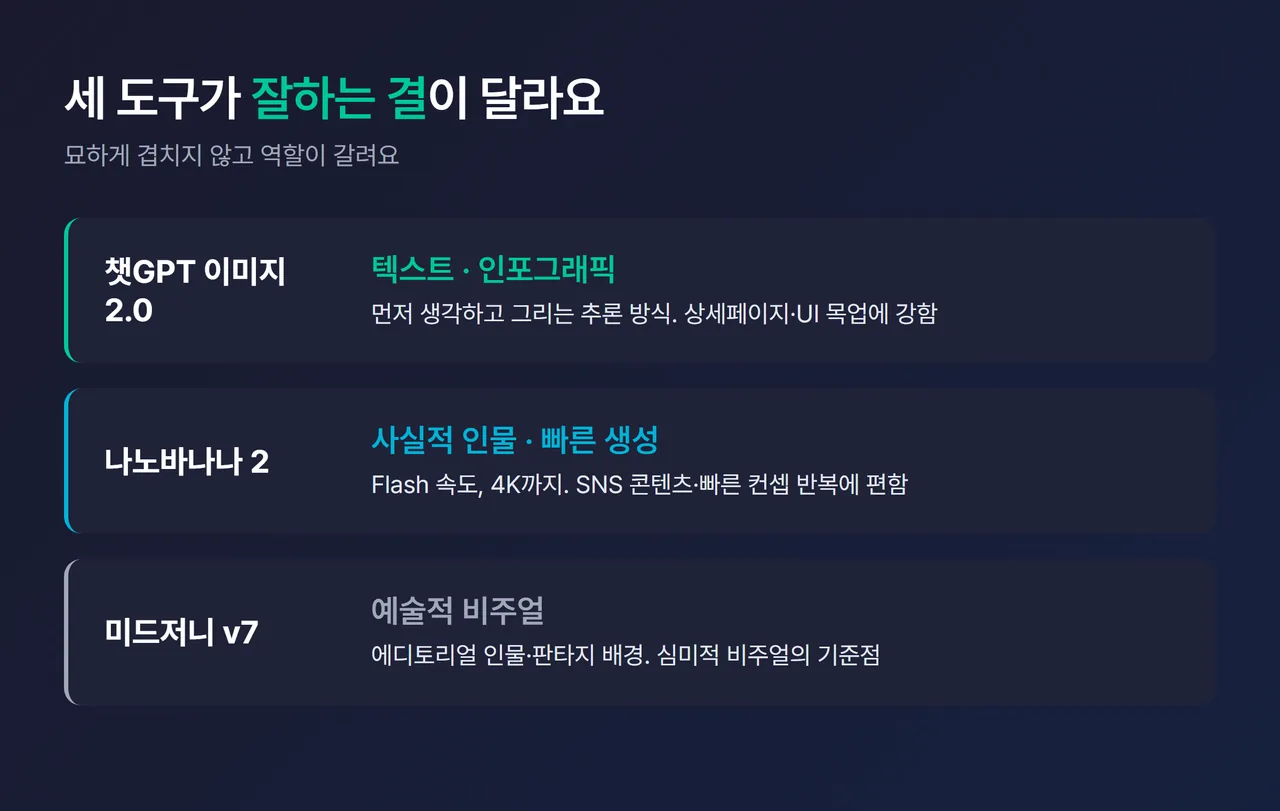 도구별 강점을 정리한 인포그래픽 - 챗GPT 이미지 2.0(텍스트·인포그래픽), 나노바나나 2(사실적 인물·빠른 생성), 미드저니 v7(예술적 비주얼) 3칸 아이콘 배치