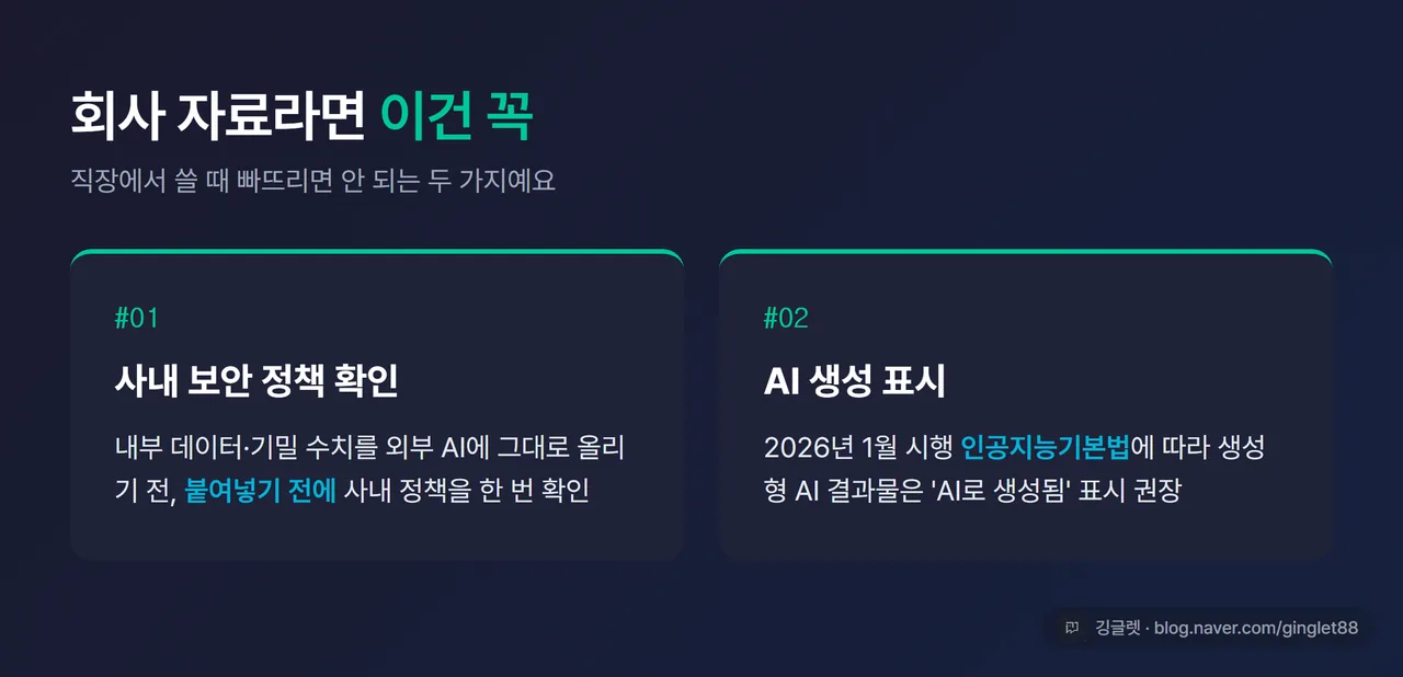 사내 자료 AI 활용 주의점 - 보안 정책 확인·AI 생성 표시 의무 안내 카드