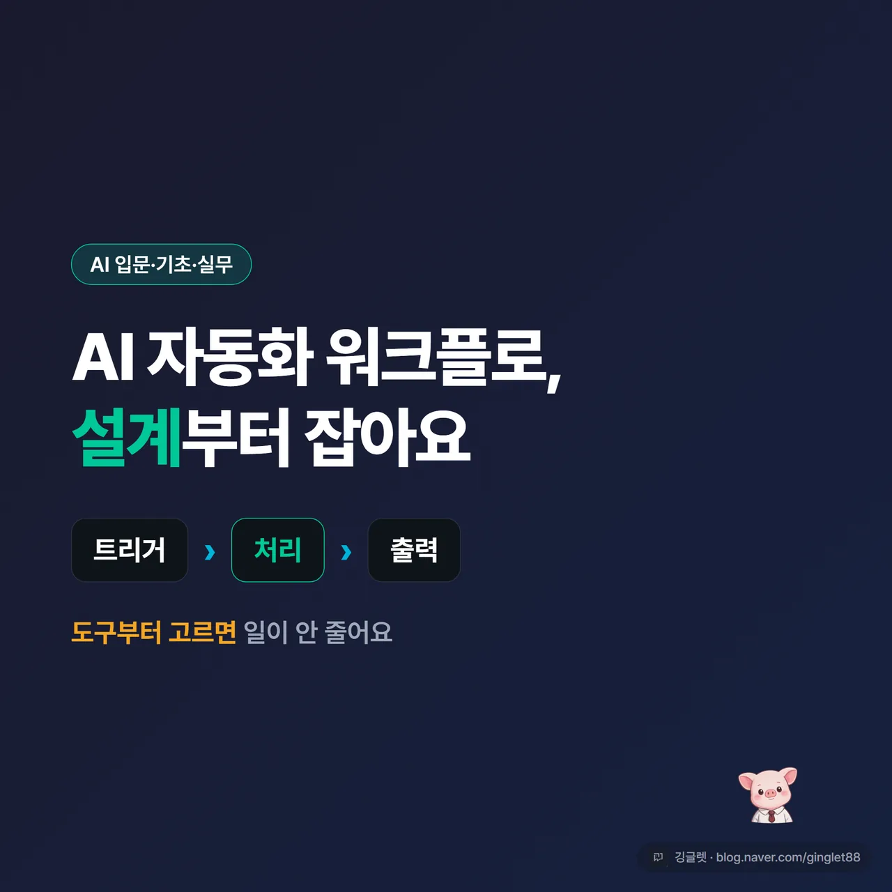 썸네일 - 네이비 배경에 “AI 자동화 워크플로 설계법” 큰 글씨 + “트리거 → 처리 → 출력” 3단 화살표 도식, 우측에 “도구부터 고르면 망해요” 작은 카피, 깅글렛 로고