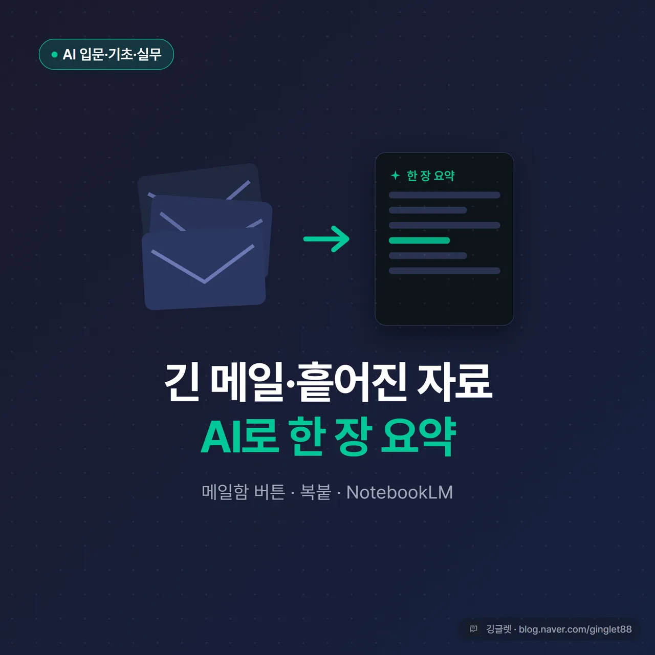썸네일 - 네이비 배경에 “긴 메일 스레드·흩어진 자료, AI로 1장 요약” 큰 글씨, 좌측엔 수십 통 쌓인 메일 아이콘, 우측엔 한 장으로 정리된 카드