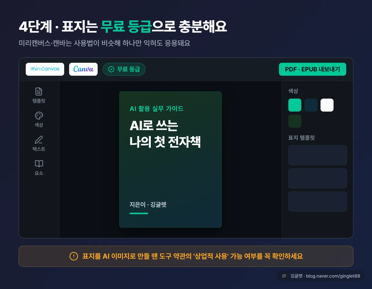 미리캔버스 또는 캔바에서 전자책 표지 템플릿을 편집하는 화면, 무료 등급 표시가 보이게