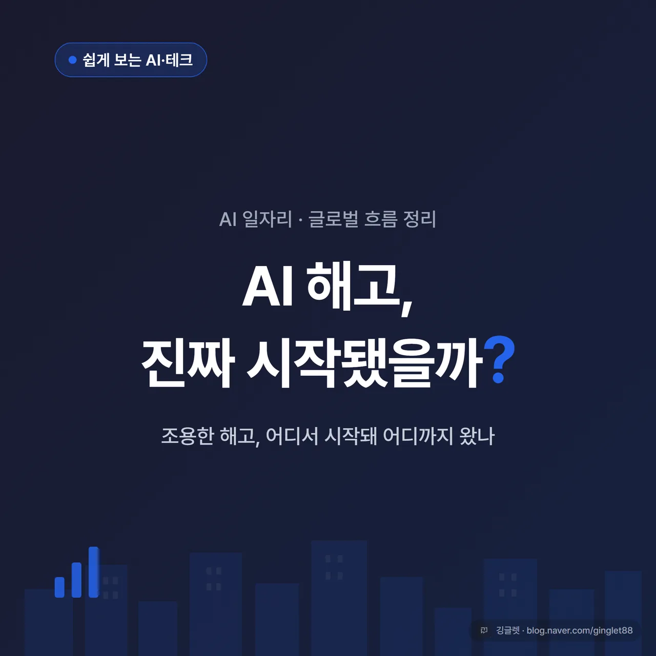 썸네일 - “AI 해고, 진짜 시작됐을까?” 큰 글씨와 “조용한 해고 글로벌 흐름 정리” 보조 문구, 블루(#2563EB) 배경에 사무실 빌딩·물음표 아이콘