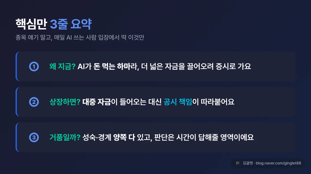 핵심만 3줄 요약 카드 - 왜 지금?(AI가 돈 먹는 하마) / 상장=대중 자금+공시 책임 / 거품·성숙 양쪽 다, 판단은 시간