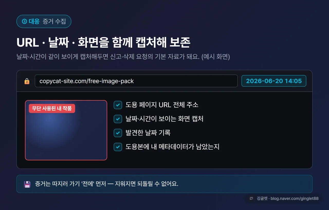 도용 페이지의 URL·날짜·화면을 캡처해 증거로 정리해둔 모습 (예: 스크린샷에 URL 주소창과 날짜가 함께 보이게)