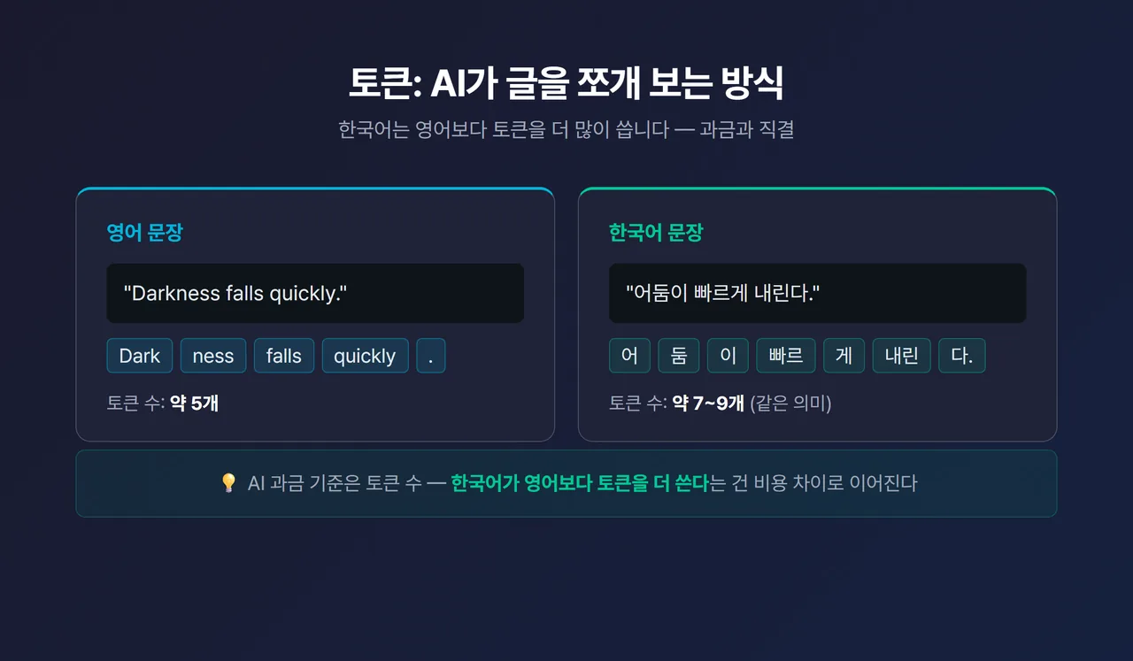영어 문장과 한국어 문장이 각각 토큰으로 쪼개지는 모습 비교 인포그래픽