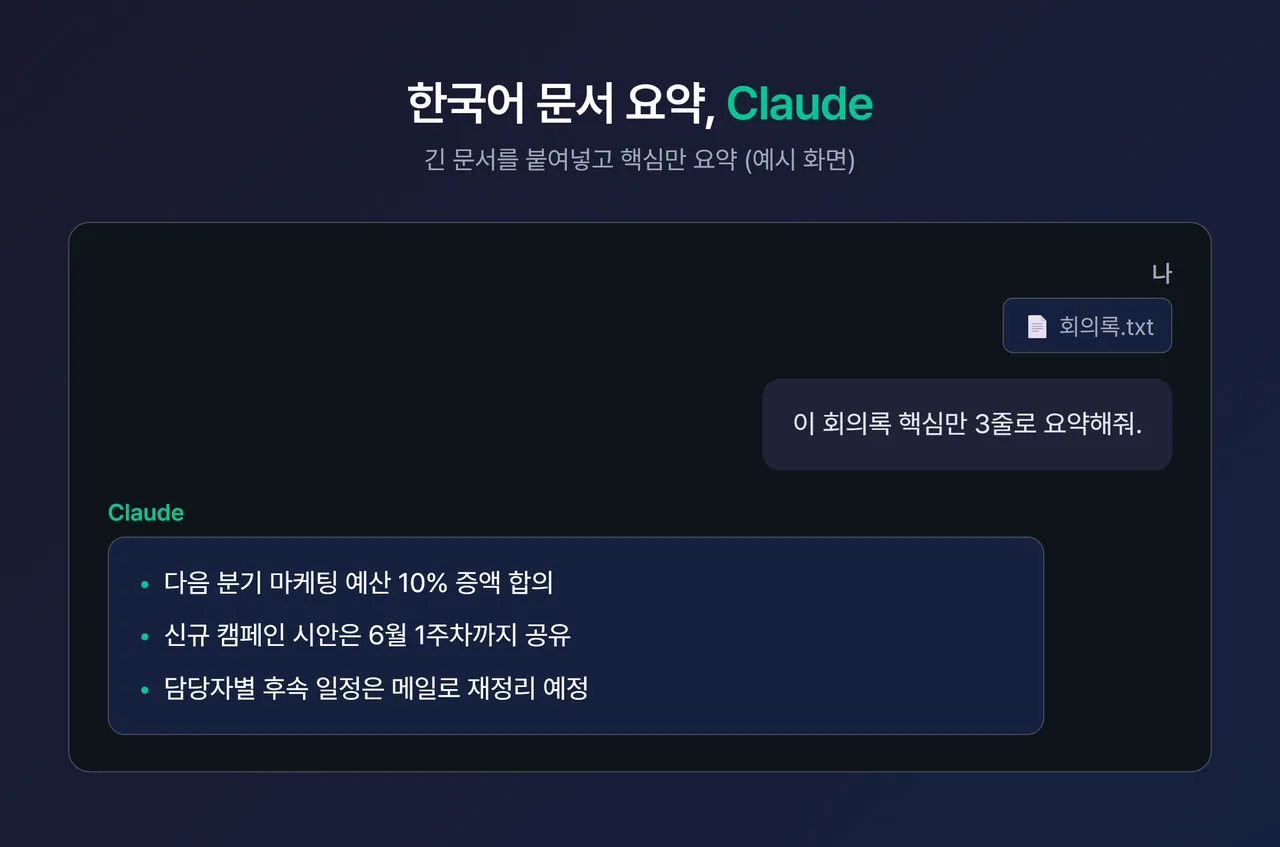 Claude 채팅 화면에 한국어 문서를 붙여넣고 요약 결과가 나온 스크린샷