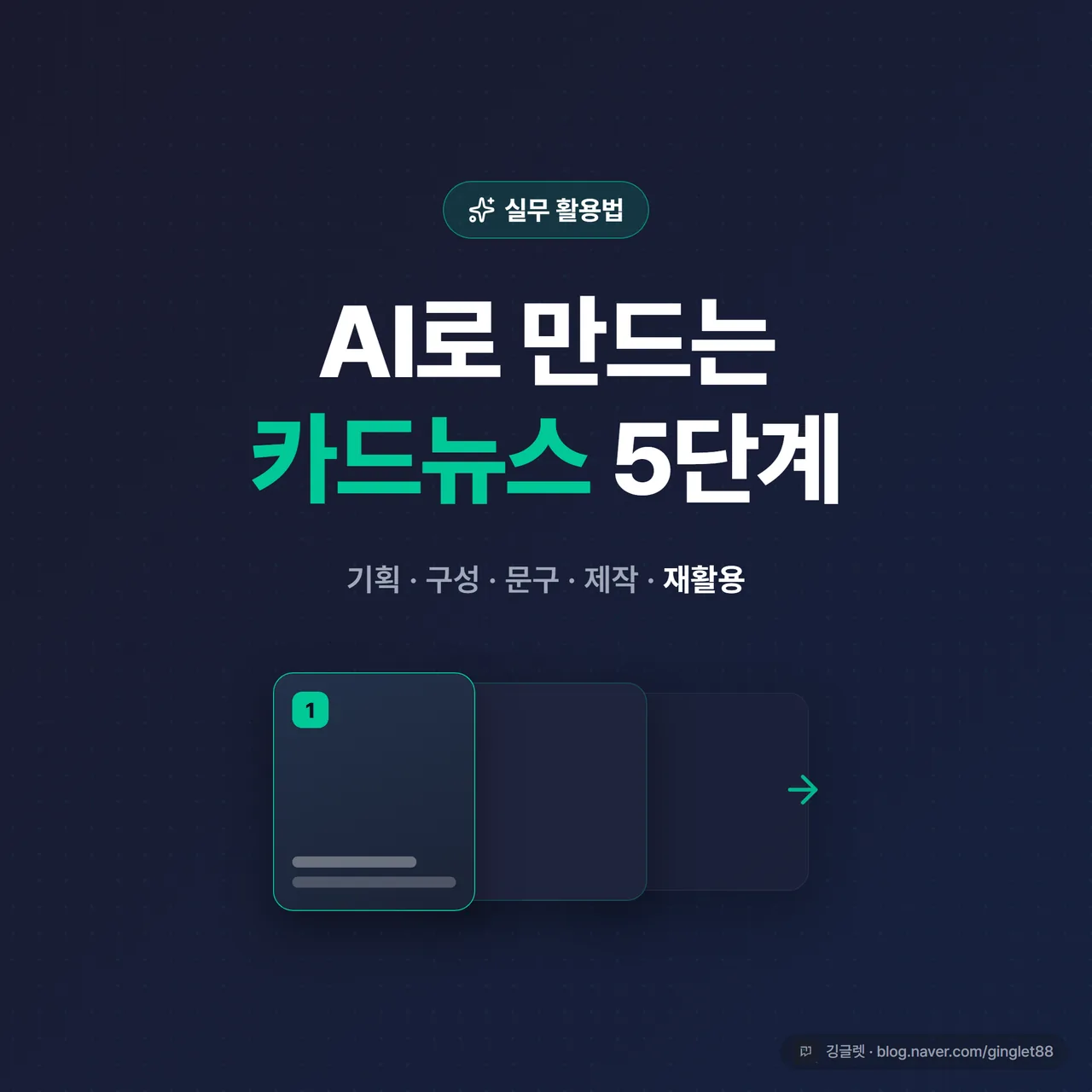 썸네일 - 네이비 배경에 “AI 카드뉴스 5단계” 큰 흰 글씨, 아래에 작은 그린 글씨로 “기획·구성·문구·제작·재활용”, 우측에 카드 여러 장이 옆으로 넘어가는 캐러셀 일러스트