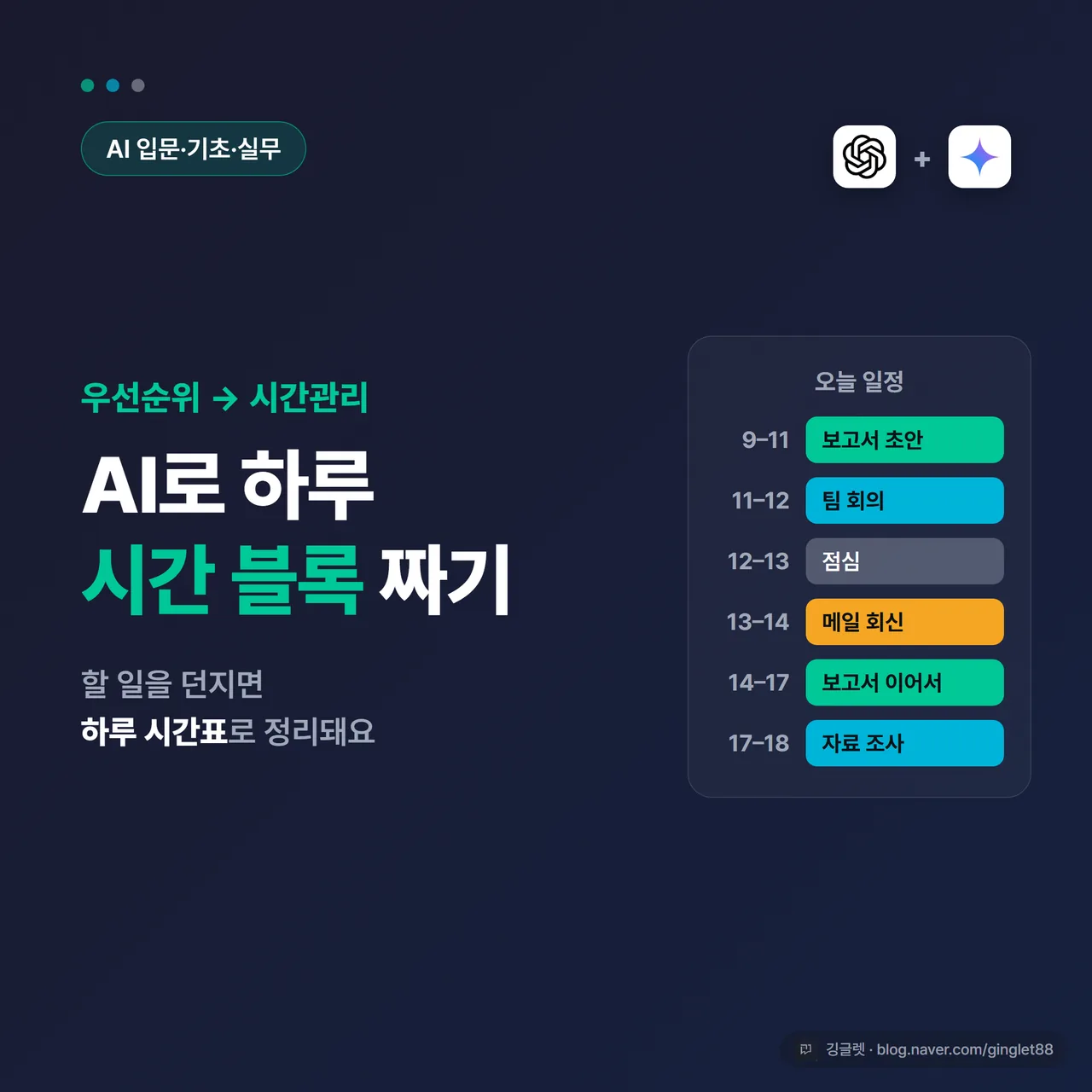 썸네일 - 네이비 배경에 “AI로 하루 시간 블록 짜기”와 “우선순위 → 시간관리” 텍스트, 오른쪽에 9~18시 시간표가 블록으로 채워진 일정표 그래픽, 그린 포인트