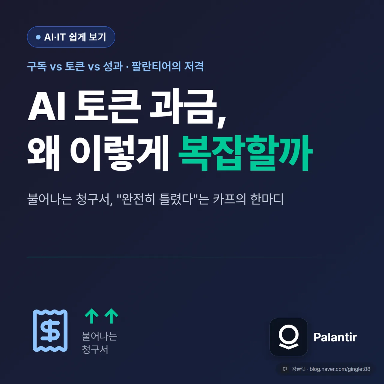 썸네일 - 다크 네이비 배경, 큰 글씨 “AI 토큰 과금, 왜 이렇게 복잡할까”·부제 “구독 vs 토큰 vs 성과, 그리고 팔란티어의 저격” | 우측에 코일처럼 불어나는 청구서 아이콘 + 팔란티어 로고 칩 | 그린(#00C896) 포인트